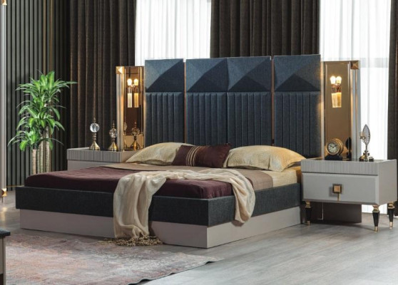 Modern Bedroom Furniture Designer Gray Bed 2x Wood Bedside tables 3pcs