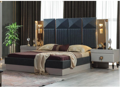 Modern Bedroom Furniture Designer Gray Bed 2x Wood Bedside tables 3pcs