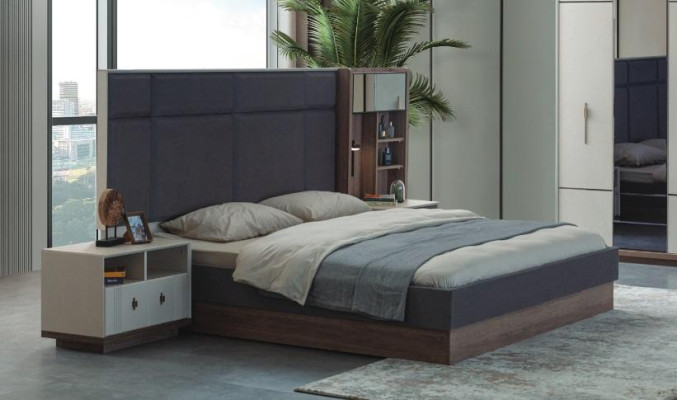 Gray Bedroom Bed Designer Suite Double bed 2x Bedside tables