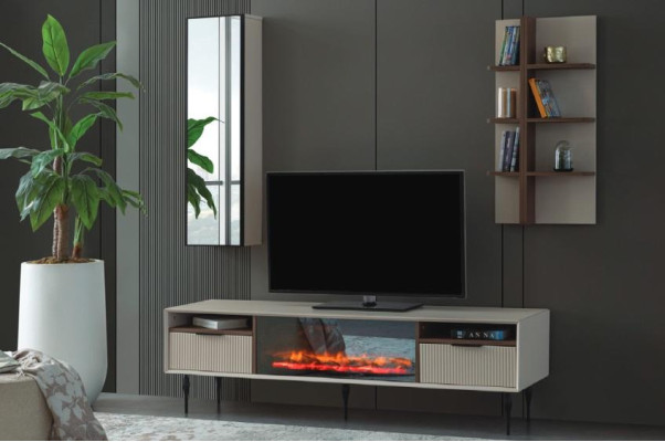 Beige Wall unit Designer TV Wardrobe Wall shelf Luxury Wood Shelf 3-piece set