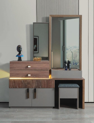 Brown-Gray Bedroom Furniture Luxury Chest of drawers with Mirror Ottoman