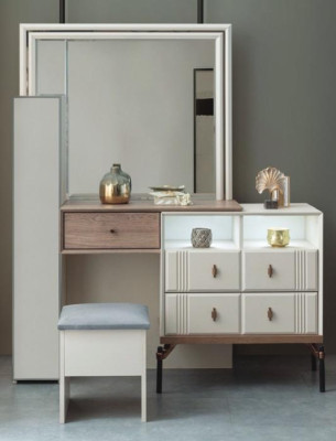 White Dressing table Glass Mirror Luxurious Poslter stool Modern Furniture