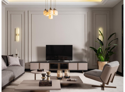 Living room Suite Armchair TV-cabinet Lowboard Coffee tables Wood Beige 6-piece