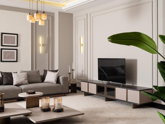 Living room Suite Armchair TV-cabinet Lowboard Coffee tables Wood Beige 6-piece