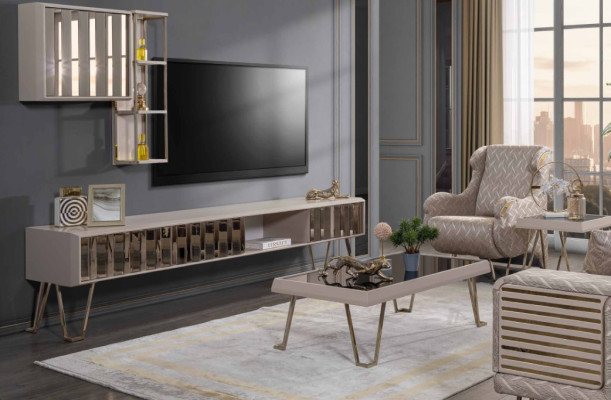 TV stand TV cabinet wall shelves coffee table beige metal modern living room set 3 pieces