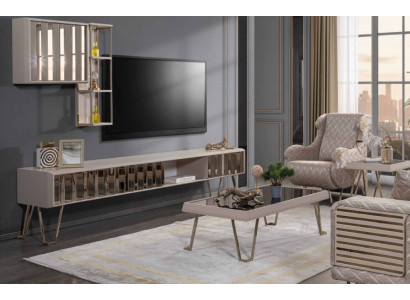 TV stand TV cabinet wall shelves coffee table beige metal modern living room set 3 pieces