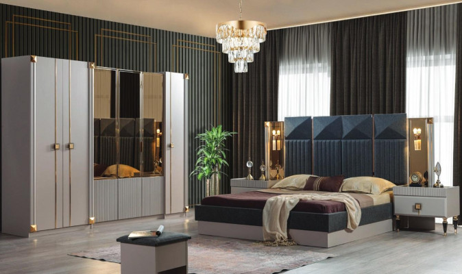 Luxurious Bedroom Furniture Upholstery Double bed Wood Bedside tables Wardrobe