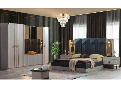 Luxurious Bedroom Furniture Upholstery Double bed Wood Bedside tables Wardrobe
