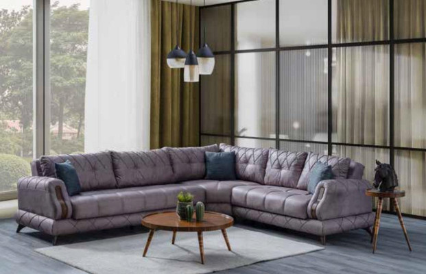 Modern corner sofa in gray leather furniture. Comfortable sofa L-shape new