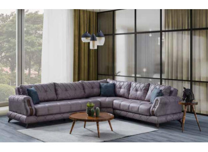 Modern corner sofa in gray leather furniture. Comfortable sofa L-shape new