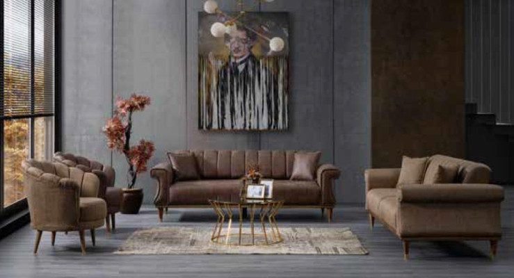 Brown Modern Upholstered Sofa Seat Sofas Three Seater Couch Textile Furniture Modern