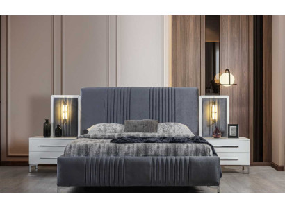 Modern Gray Double bed 2x Wood Bedside tables Bedroom Suite