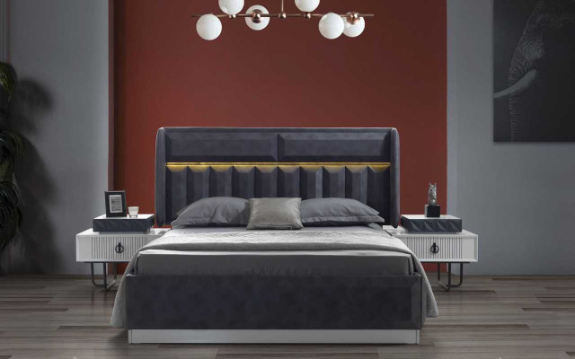 Complete's Bedroom Set Gray Double bed Luxurious Wood Bedside tables