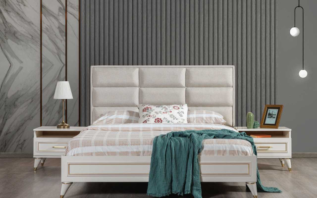 White Bedroom Suite Upholstery Double bed 2x Wood Bedside tables 3pcs