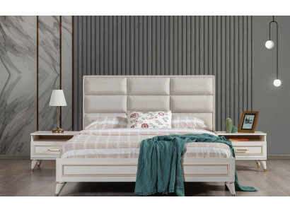 White Bedroom Suite Upholstery Double bed 2x Wood Bedside tables 3pcs
