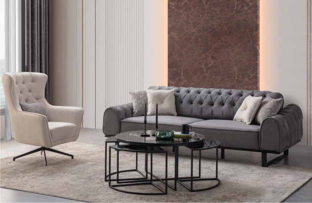 Gray Chesterfield Three Seater Luxury Upholstery White Armchair 2pc Set