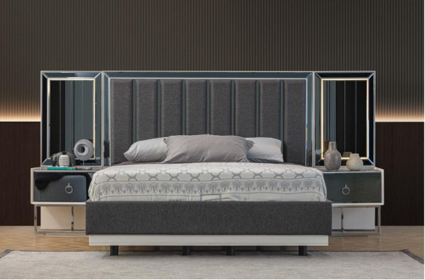 Gray Bedroom Suite stainless steel bed 2x Wood Bedside tables 3-piece set