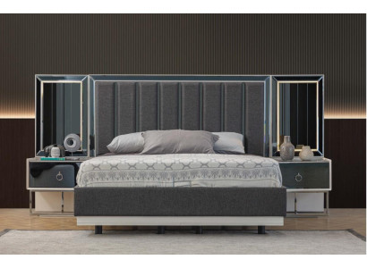 Gray Bedroom Suite stainless steel bed 2x Wood Bedside tables 3-piece set