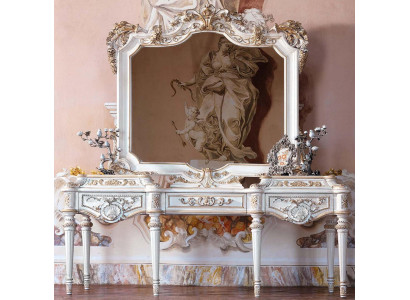 Luxurious white console table and mirror with carved frame