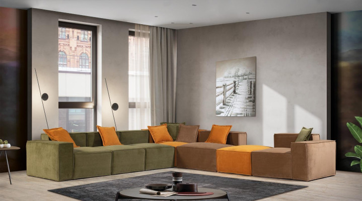 Corner sofa L-shape Modern Living room Green Material Wood Textile