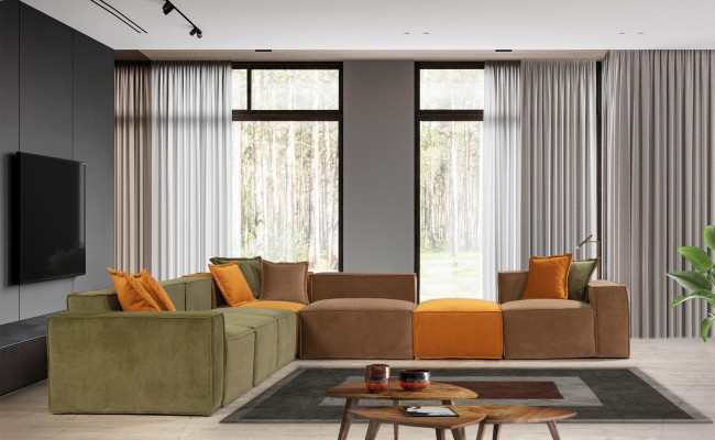Corner sofa L-shape Modern Living room Green Material Wood Textile