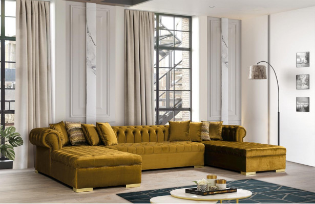 Chesterfield Living landscape Corner sofa Couch Gold Velvet fabric Corner sofa