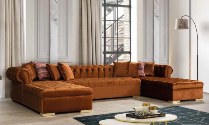 Chesterfield Living landscape Corner sofa Couch Gold Velvet fabric Corner sofa