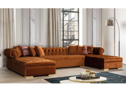 Chesterfield Living landscape Corner sofa Couch Orange Velvet fabric Corner sofa