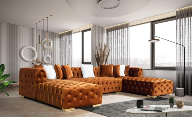 Living landscape Chesterfield Corner sofa Couch Gold Velvet fabric Corner sofa