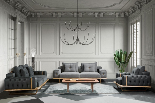 Sofa Living room Wood three-seater sofa chesterfield Textile Gray Luxury new