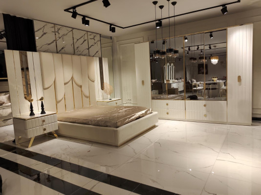 Bedroom furniture set: Bed, 2 Bedside tables, Wardrobe, Chest of drawers with Mirror