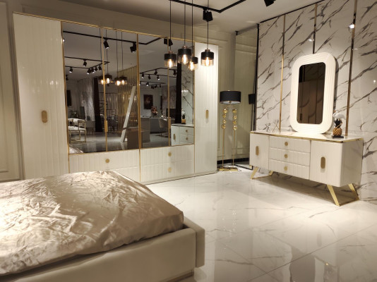 Bedroom furniture set: Bed, 2 Bedside tables, Wardrobe, Chest of drawers with Mirror
