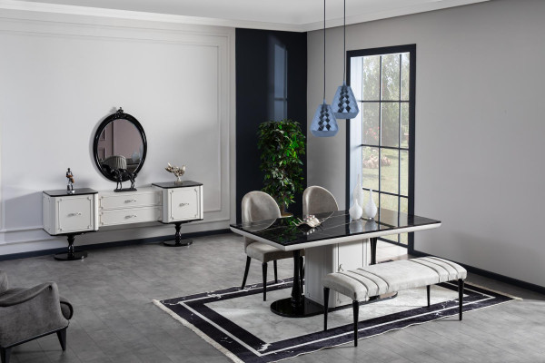 Dining room set table 4x chairs bench style 6 pieces luxury style modern grey