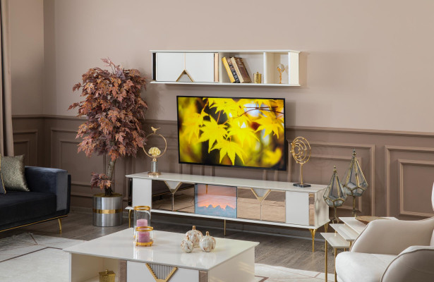 Living room Furniture Wall unit TV Lowboard Wall shelf Wood White new Modern