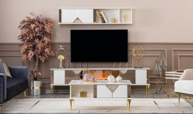 Living room Furniture Wall unit TV Lowboard Wall shelf Wood White new Modern