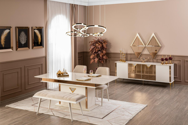 Table 4x Chairs Group Dining room Suite 5pcs. Set Furniture Dining set Beige