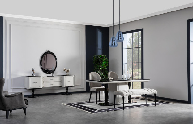 Dining room Table 4x Chairs Sideboard with Mirror Stool 7pcs. Set Group