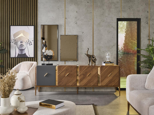 Sideboard 2x Mirror Living room Group Wood Design Set 3-piece new brown