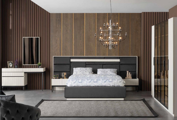 Luxury Bedroom Bed Bedside table Wardrobe Beds Fabric Wood Set 4pcs new