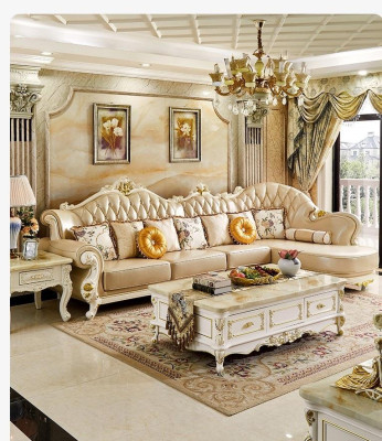 Living room Classic Baroque Rococo Corner sofa Leather Wood corner sets