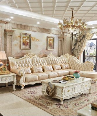 Living room Corner sofa Wood with Leather fiber fabric L-shape Chesterfield