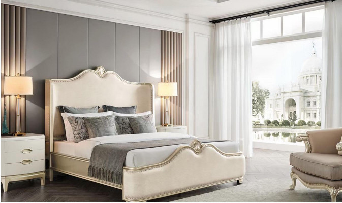 Bed 2x Bedside tables 3 pcs. Bedroom Beige Designer Luxury Furniture Beds Wood