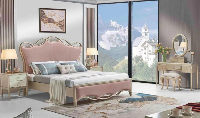 Chic double bed in a breathtaking pink color with two bedside tables