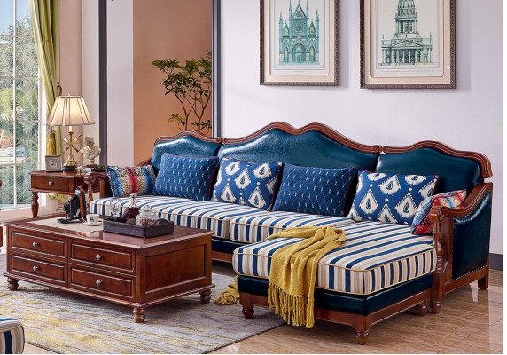 Blue e Leather Couch Corner sofa Upholstery Furniture Classic Chesterfield Furniture