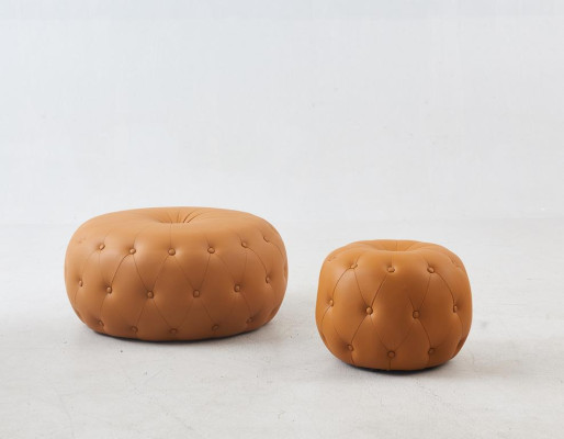 Footstool Round Stool Chesterfield Round Orange Leather Textile 78x35