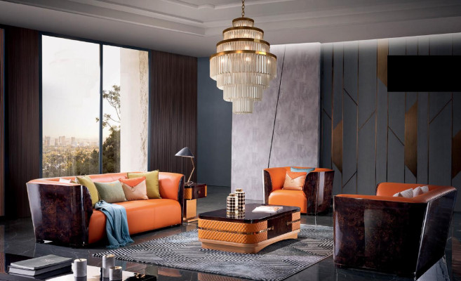 Orange Leather Sofa set 3+2 Seater Set Designer Couches Living room Suite
