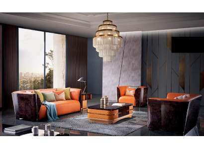Orange Leather Sofa set 3+2 Seater Set Designer Couches Living room Suite