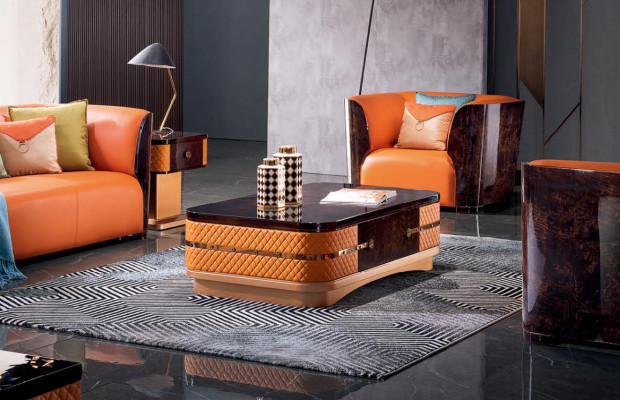 Orange Leather Sofa set 3+2 Seater Set Designer Couches Living room Suite