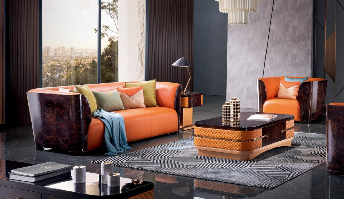 Orange Leather Sofa set 3+2 Seater Set Designer Couches Living room Suite