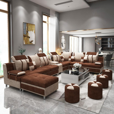 Sofa U-shape brown upholstery fabric for relaxing in the living room soft cushions